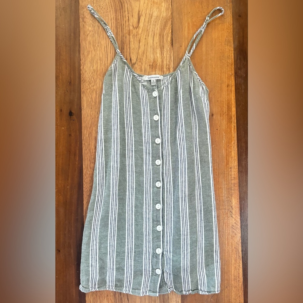 Quintessential Striped Mini Sundress Sage Green & White Button Front Medium